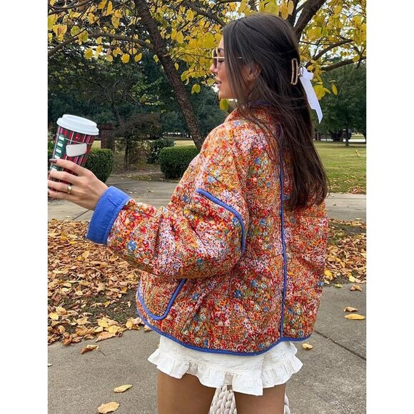 Women’s Orange  Cropped Puffer Quilted Jacket Floral Print Lightweight Coat - Picture 5 of 7